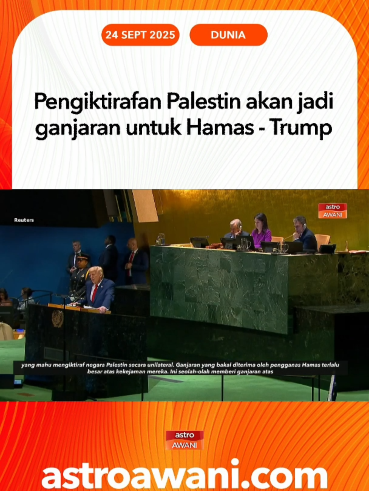 Presiden AS Donald Trump menyifatkan pengiktirafan negara Palestin sebagai ganjaran besar kepada Hamas dan menyeru pembebasan semua tebusan dalam ucapannya di PBB. #AWANInews