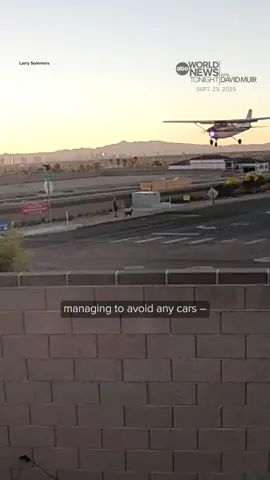 #Surveillance images show a small #plane that had just taken off flying very low down the center of a street in #LasVegas to make an emergency landing. No one was hurt in the incident. #DavidMuir reports. #WorldNewsTonight