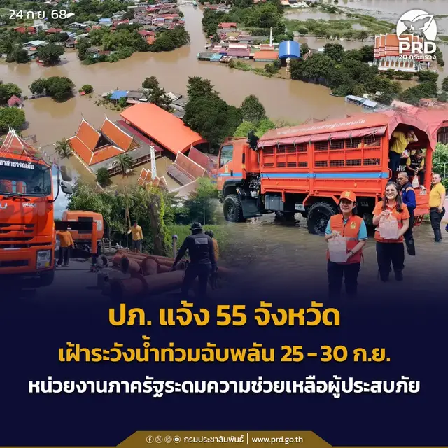 ปภ. แจ้ง 55 จังหวัด เฝ้าระวังน้ำท่วมฉับพลัน 25 – 30 ก.ย. หน่วยงานภาครัฐระดมความช่วยเหลือผู้ประสบภัย กรมป้องกันและบรรเทาสาธารณภัย (ปภ.) แจ้ง 55 จังหวัด ในพื้นที่ภาคเหนือ ตะวันออกเฉียงเหนือ ภาคใต้ และกรุงเทพมหานคร เฝ้าระวังสถานการณ์น้ำท่วมขัง น้ำท่วมฉับพลัน น้ำป่าไหลหลาก ดินโคลนถล่ม รวมถึงอ่างเก็บน้ำขนาดกลางและเล็กที่มีปริมาณน้ำมากกว่าร้อยละ 80 ระดับน้ำเพิ่มขึ้นอย่างฉับพลัน จนน้ำล้นตลิ่งและท่วมขังในพื้นที่ลุ่มต่ำเนื่องจากระบายไม่ทันในช่วงวันที่ 25 - 30 ก.ย. 68 โดยกำชับให้จังหวัดจัดเจ้าหน้าที่เฝ้าระวังและติดตามสภาพอากาศ ปริมาณฝน และสถานการณ์น้ำในพื้นที่อย่างใกล้ชิด โดยเฉพาะในบริเวณพื้นที่เสี่ยง ให้เตรียมความพร้อมด้านบุคลากร อุปกรณ์ และเครื่องจักรกลสาธารณภัยตลอด 24 ชม. เพื่อให้สามารถเข้าเผชิญเหตุและช่วยเหลือประชาชนได้อย่างทันท่วงที ขอให้ประชาชนที่อยู่ในพื้นที่เสี่ยงภัยติดตามสภาพอากาศ ข้อมูลสถานการณ์ และข่าวสารจากทางราชการอย่างต่อเนื่อง และเตรียมพร้อมรับมือสถานการณ์ สามารถแจ้งเหตุและขอความช่วยเหลือทางไลน์ “ปภ.รับแจ้งเหตุ1784” สายด่วนนิรภัย 1784 ตลอด 24 ชั่วโมง เพื่อประสานให้การช่วยเหลือ