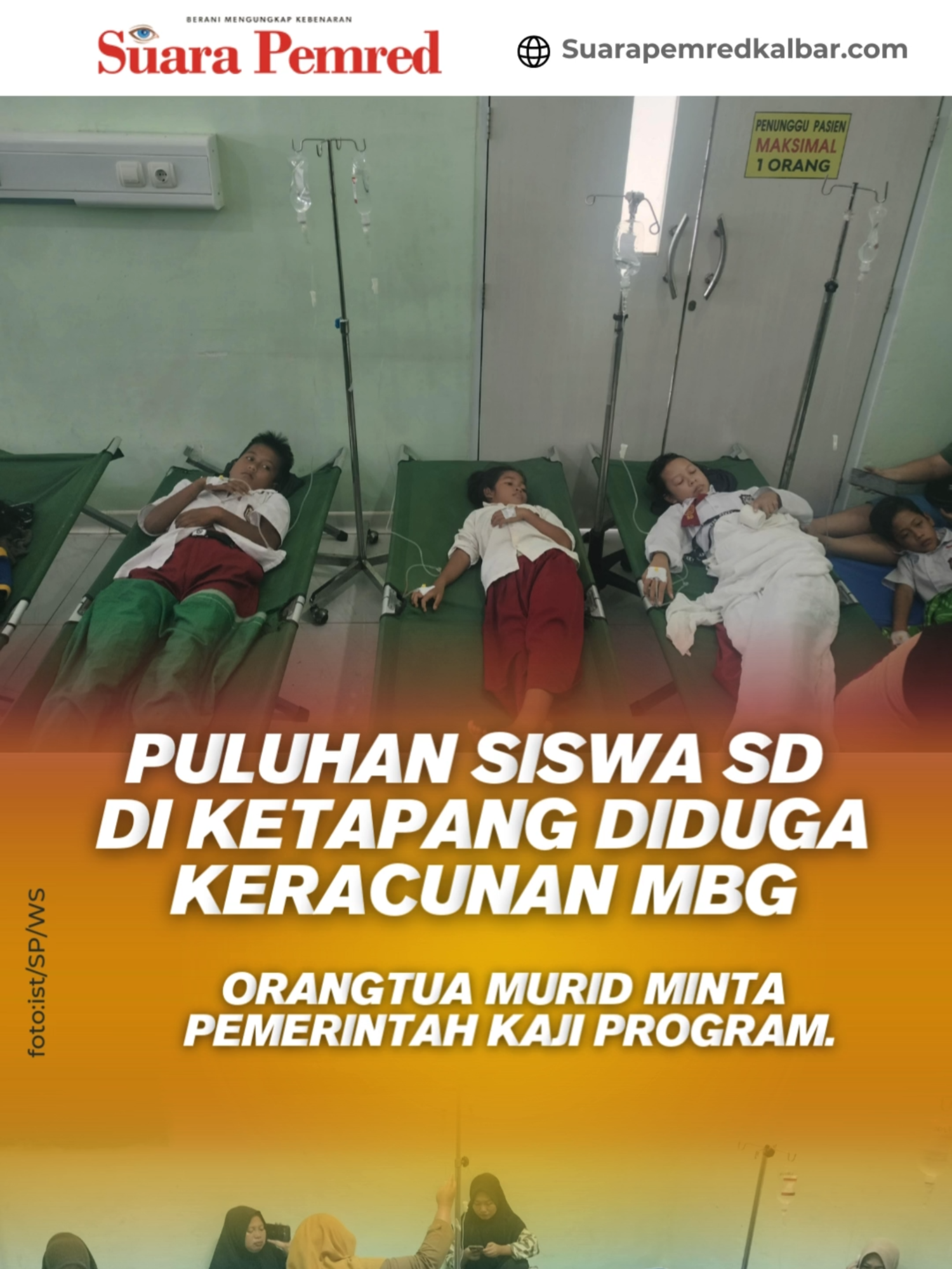 Puluhan Siswa SD di Ketapang Diduga Keracunan MBG, Orangtua Murid Minta Pemerintah Kaji Program Sebanyak 20 siswa SDN 12 Benua Kayong, Kecamatan Benua Kayong, Kabupaten Ketapang, mengalami gejala keracunan setelah menyantap makanan siang dari program Makan Bergizi Gratis (MBG) pada Selasa (23/9).Seluruh siswa kini menjalani perawatan intensif di RSUD Agoesdjam Ketapang.Kepala Sekolah SDN 12 Benua Kayong, Dewi Hardina Febriani menjelaskan, kasus bermula ketika beberapa siswa mengeluh sakit perut dan muntah tak lama setelah menyantap makan siang. Jumlah siswa yang terdampak terus bertambah hingga mencapai 20 orang. https://www.suarapemredkalbar.com/read/ketapang/24092025/puluhan-siswa-sd-di-ketapang-diduga-keracunan-mbg-orangtua-murid-minta-pemerintah-kaji-program