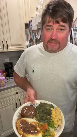 Tonight for supper we had hamburger steaks, mashed potatoes and gravy, sauteed veggies, mustard greens and leftover homemade Mac n cheese from last night. 