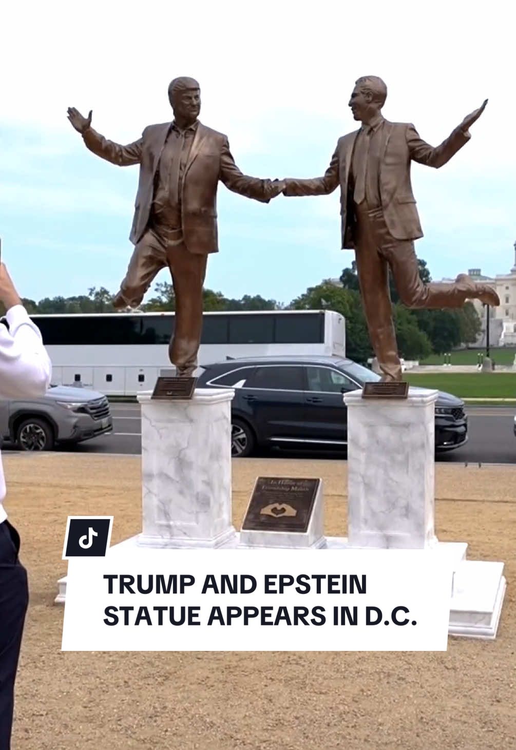 A bronze statue has appeared in Washington D.C. depicting US President Donald Trump prancing hand in hand with the late convicted sex offender Jeffrey Epstein. Below the statues sits a plaque that reads “In Honor of Friendship Month.” “We celebrate the long-lasting bond between President Donald J. Trump and his ‘closest friend,’ Jeffrey Epstein.” A representative from the Secret Handshake, the group reportedly responsible for the statues, told HuffPost that the figures “speak for themselves.” “Since this is Friendship Month, we wanted to celebrate what is presumably, at least publicly, Donald Trump’s only true friend,” the group’s leader said. The statue is across the street from the US Capitol building, facing the National Mall lawns that lead to the Washington Monument and is expected to remain there until the end of the week. 