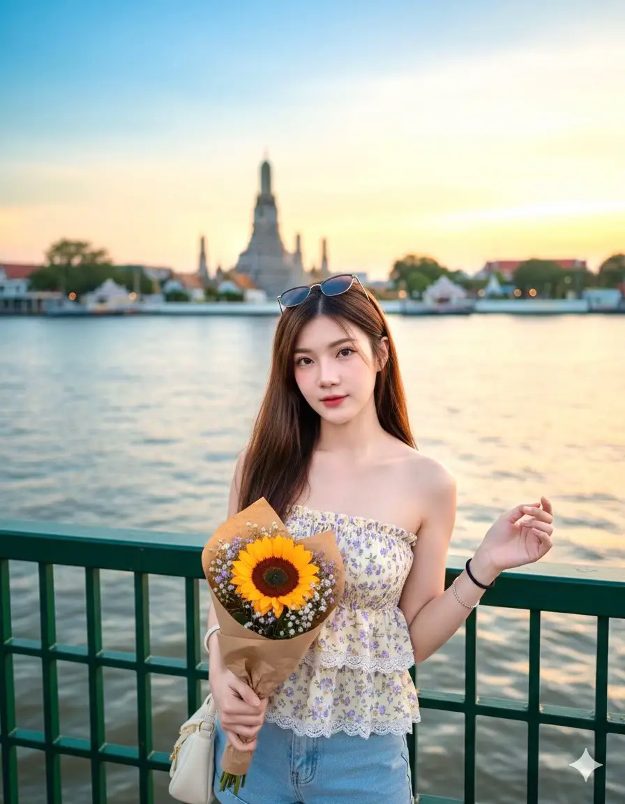 Prompt ; สร้างภาพหญิงสาวใบหน้าคงเดิม100% Create an ultra-realistic cinematic portrait of a cinematic editorial portrait. Close-up for editors, Canon EOS R5, 85mm f/1.2 lens, f/1.2 aperture, ultra-shallow DOF. A cute young woman stands on a bridge along the Chao Phraya River, looking at Wat Arun at sunset. • Facial and Hair Features: Long, straight, natural hair, with both sides down, and sunglasses on her head. • Clothing: A strapless top with small purple and light yellow flowers, trimmed with white lace and layered ruffles, giving a sweet and lovely look. She's wearing light blue denim shorts. • Accessories: A black rubber band on her wrist and a small silver bracelet. She's carrying a cream-colored bag over her shoulder. • Flowers: A bouquet of flowers wrapped in kraft paper is held in her left hand, with a sunflower prominently in the center, surrounded by small purple and white flowers. • Poses: Standing slightly turned toward the camera, her right hand holding the bouquet, the other hand slightly raised, giving a natural pose. • Background and Atmosphere: A dark green checkered bridge railing in the foreground. The Chao Phraya River on one side and Wat Arun on the opposite bank of the river behind reflects the golden color of the sunset. The sky is hued in shades of blue, orange and pink. The picture gives a feeling of brightness, warmth and romance in the evening atmosphere. (The face matches the original picture. Ratio 9:16. Use the attached picture above.) #GeminiAI #Gemini #แจกprompt #prompt #สอนแต่งรูปง่ายๆ  @sojujang_  @sojujang_  @sojujang_ 