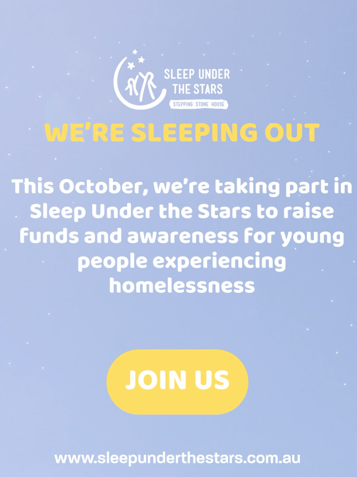 We’re just 1 month away from Sleep Under the Stars! 🌌  On 24 October at Barangaroo, hundreds of people will unite to support young people experiencing homelessness. 💙 💼 Bring your friends, family or colleagues. 🙌 Team bonding + real impact. 👉 Sign up now: https://www.steppingstonehouse.com.au/sleep-under-the-stars Let’s hit 300+ registrations and make a difference together! #SleepUnderTheStars #YouthHomelessness #SydneyEvents #Fundraising #TeamBonding