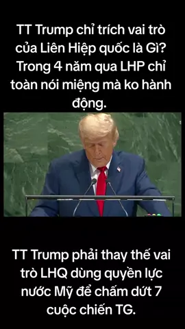 Chỉ trích Liên Hợp Quốc: Ông Trump bày tỏ sự không hài lòng với vai trò của Liên Hợp Quốc trong việc giải quyết các cuộc xung đột trên thế giới. Ông cho rằng Liên Hợp Quốc chỉ đưa ra các tuyên bố mà thiếu hành động cụ thể.  ​Xung đột Nga - Ukraine: Ông Trump cảnh báo Nga và chỉ trích các nước châu Âu vì vẫn tiếp tục mua năng lượng từ Nga. Ông tuyên bố Mỹ sẵn sàng áp dụng các biện pháp thuế quan mạnh mẽ đối với Nga, nhưng chỉ hiệu quả nếu các đồng minh châu Âu phối hợp. Ông cũng nhấn mạnh rằng ông có thể giải quyết xung đột dễ dàng hơn nhờ mối quan hệ cá nhân 