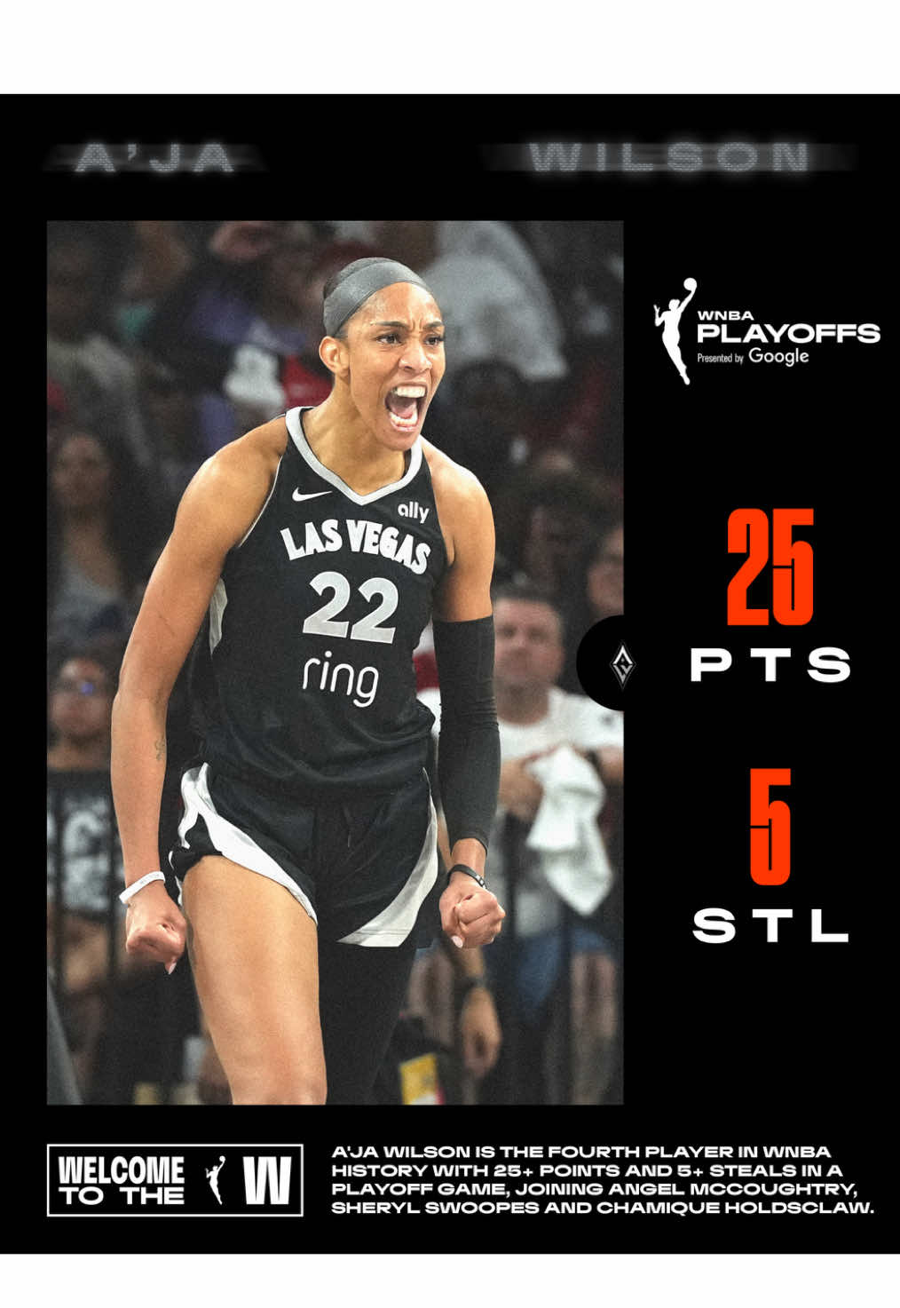 A’ja Wilson put gas in the tank and FLOORED it tonight in the @Las Vegas Aces Semi-Finals win to tie the series 1-1 🏎️💨 ⛽️ 25 PTS ⛽️ 9 REB ⛽️ 5 STL (playoff career-high) She became the fourth player in WNBA history to record 25+ PTS and 5+ STL in Playoff game (Angel McCoughtry, Sheryl Swoopes and Chamique Holdsclaw)! #WelcometotheW | WNBA Playoffs | @Google 