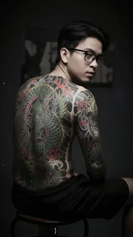 AI làm cho quả ảnh khét thật #goglegemini                             Ultra realistic, 8K cinematic portrait. A person with their back facing the camera, head turned toward the lens, wearing glasses. The bare back is fully covered with a detailed Yakuza-style tattoo extending onto both arms. Dramatic studio lighting with a dark, moody atmosphere. Background is open to artistic interpretation