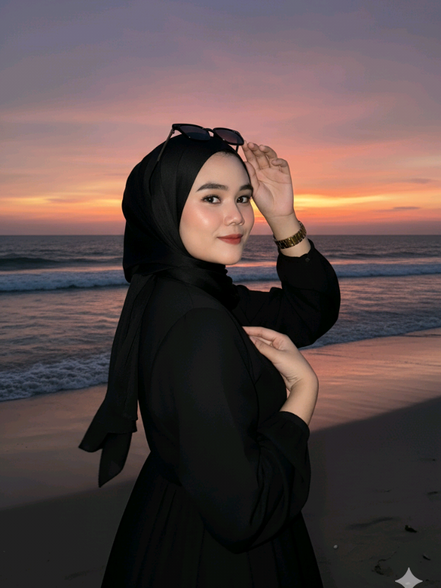 Cara edit foto  1. buka google ai 2. klik tanda + foto 3. text prompt buatkan ai pemandangan pantai saat matahari terbenam dilatar depan berdiri seorang wanita muda membelakangi kamera yang sangat cantik dengan kulit mulus dan bercahaya, wajahnya disinari lembut oleh lampu kilat kamera, menciptakan kontras yang indah dengan latar belakang yang gelap ia mengenakan hijab berwarna hitam, dan dress warna hitam. lalu pakaiannya terdiri dari dress hitam dan hijab berwarna hitam tertiup angin lembut. iya melengkapinya dengan jam tangan berwarna emas mewah, tangan di depan dada dan 1 tangan memegang bahu, posturnya yang santai dengan elegan menunjukkan rasa percaya diri dan ketenangan memadukan mode dan alam dengan sempurna. gambar keseluruhannya memadukan tekstur yang sangat realistis pencahayaan alami, dan pemandangan pantai yang atmosferik untuk menciptakan potret yang memikat dan damai secara visual. rasio 9:16. ingat, tidak merubah muka, sambil tersenyum tipis #geminiai #viral #trending #tiktok  #CapCut 