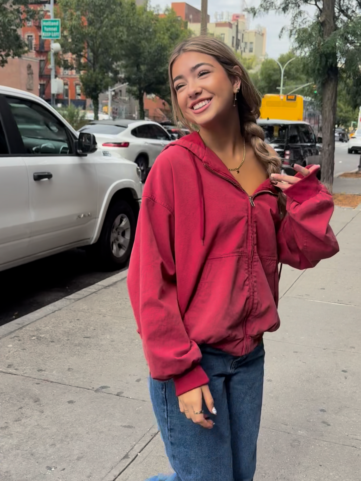 spotted our girl @embreighcourtlyn in nyc 🤭 shop our 'Tate Washed Red Oversized Hooded Jacket' & Charli Mid Wash Low Waist Baggy Leg Jeans' online now for next day delivery x