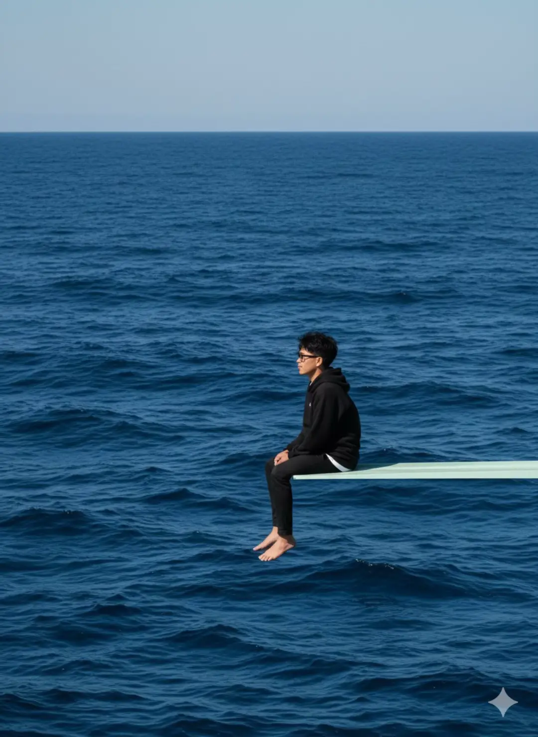 Caranya: >Buka Goggle Gemini Ai >Pilih foto yang jelas(Tidak Blur,Muka tampak depan) >Masukkan Perintah “Prompt” >Generate and tunggu Boom Jadi Deh🔥 Prompt: Album-cover style inspired by SZA's 'SOS. An endless deep blue ocean fills the entire background (no horizon visible, no land, only textured waves). A thin white diving board ENTERS STRICTLY from the right edge of the frame and extends horizontally toward the left. The diving board must be PERFECTLY HORIZONTAL, parallel to the hidden horizon line, without any diagonal tilt. The board's base is completely off-frame; only the flat top surface of the board is visible.