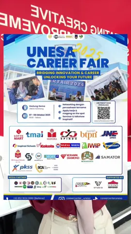 [UNESA CAREER FAIR 2025] Halo Semuanya! 🎉 Siapkan diri kalian untuk UNESA Career Fair 2025 dengan tema “Bridging Innovation & Career: Unlocking Your Future” ✨ Puluhan perusahaan ternama siap membuka peluang karier untukmu! Saatnya perluas jaringan, eksplor berbagai lowongan, dan raih kesempatan emas menuju masa depan cemerlang. 📅 Save the Date! 🗓 7 – 8 Oktober 2025 📍 Gedung GEMA UNESA Ketintang 🔗 Link daftar pengunjung: unesa.me/PendaftaranUCF2025 #unesa #unesasurabaya #jobfair #loker #lokerterbaru #career #careerfair #infoloker #surabaya #sby #kerja #carikerja 