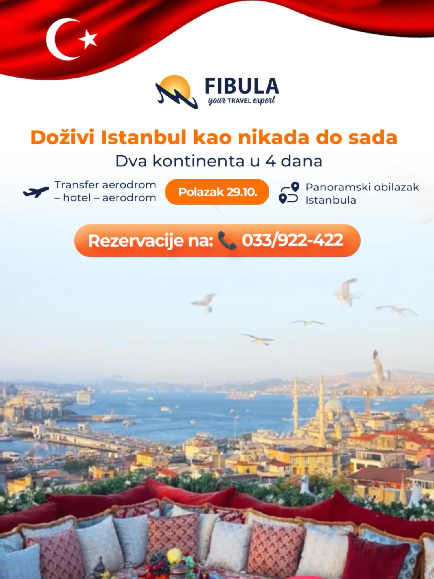 🕌 Istanbul, jedinstveni grad na dva kontinenta čeka na vas! 🇹🇷 Šetnja Aja Sofijom i Plavom džamijom, krstarenje brodom po Bosforu i šarenilo Grand Bazara, sve u samo 4 dana. 📅 Polazak: 29.10.2025.  💰 Već od 799 KM po osobi U cijenu aranžmana uključeno:  ✅ 3 noćenja sa doručkom u hotelu 4*  ✅ Povratna avio karta Turkish Airlines (Sarajevo – Istanbul – Sarajevo)  ✅ Transfer aerodrom – hotel – aerodrom  ✅ Aerodromske takse + obrok u avionu  ✅ Panoramski obilazak Istanbula  ✅ Organizacija i pratilac grupe  ⚠️ Broj mjesta je ograničen – rezervišite na vrijeme! 📩 Pošaljite poruku ili pozovite 📞 033/922-422 i osigurajte svoje mjesto za ovo jedinstveno putovanje! #fibula #turizam #putovanja #sarajevo #turska #istanbul