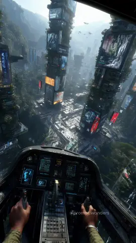 Spaceship pilot glides through futuristic towers wrapped in vertical forests and lush greenery blending with holographic billboards. A cinematic futuristic city from a possible future. #scifi #sciencefiction #future #cyberpunk #starcitizen 