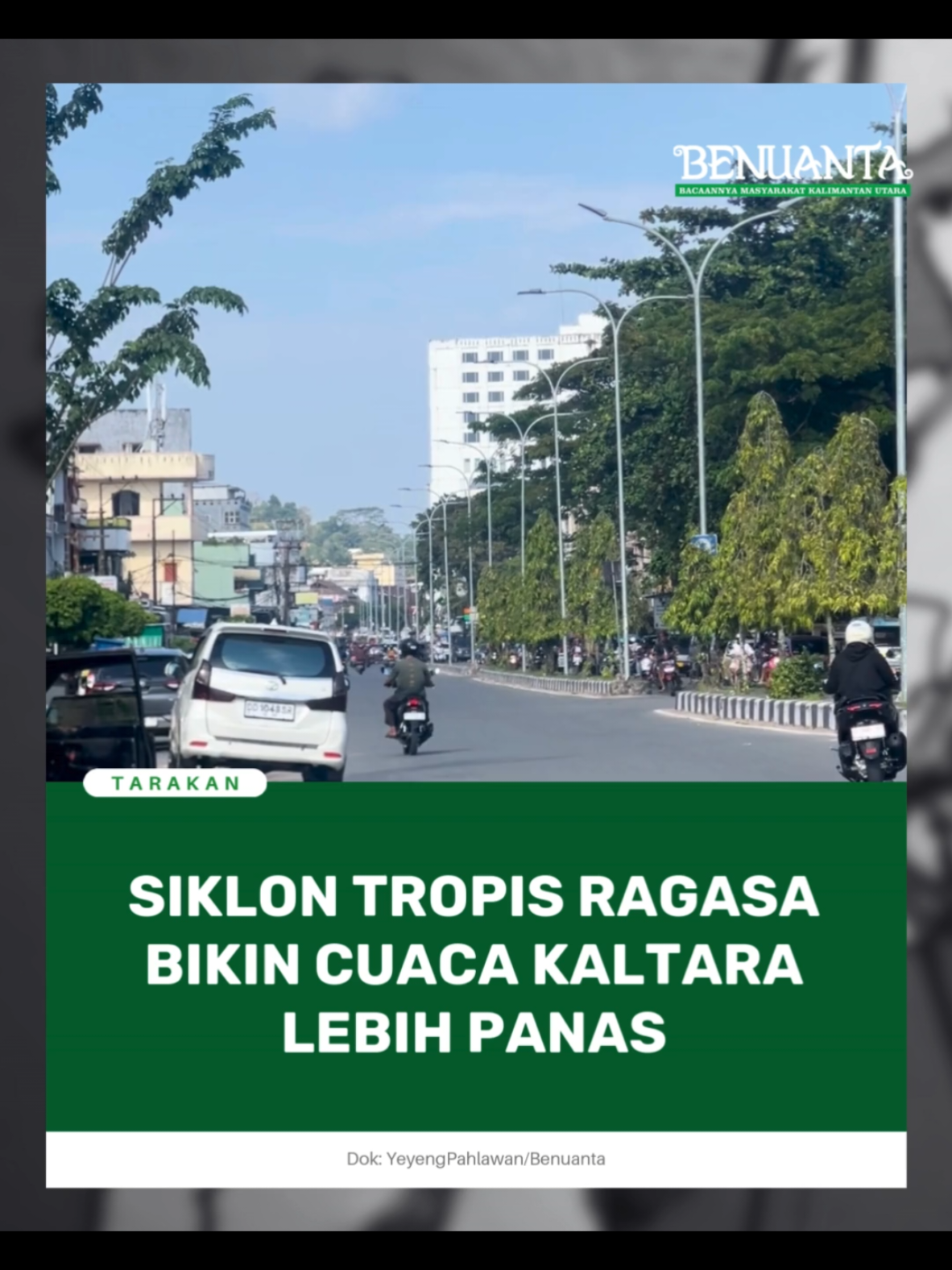 Badan Meteorologi, Klimatologi, dan Geofisika (BMKG) Tarakan memprediksi kondisi cuaca di Kalimantan Utara (Kaltara) akan cenderung cerah berawan dalam beberapa hari ke depan. Hal ini dipengaruhi keberadaan Siklon Tropis Ragasa yang terbentuk di Laut Cina Selatan, barat laut Pulau Luzon. siklon tersebut memiliki kecepatan angin hingga 125 knot dan memberi dampak pada pola cuaca di sejumlah wilayah Indonesia, termasuk Kaltara. Namun, dalam tiga hari ke depan, wilayah Kaltara justru diprediksi tetap cerah berawan dengan peluang hujan yang sangat kecil. Fenomena siklon tersebut membuat aliran massa udara basah lebih banyak tersedot ke pusat siklon. Meski ada belokan konvergensi di atas Kalimantan, kondisi itu tidak cukup signifikan untuk menahan massa udara agar berkembang menjadi awan hujan. Dengan kondisi ini, masyarakat di Kaltara akan merasakan suhu lebih panas dari biasanya. Meski suhu tetap berada pada kisaran normal 31–32 derajat Celsius, kelembaban udara cenderung menurun sehingga udara terasa lebih gerah. BMKG belum merilis peringatan dini terkait kondisi ini karena peluang hujan masih minim. Peringatan dini, kata Sulam, hanya akan diterbitkan maksimal untuk tiga hari ke depan apabila ada indikasi cuaca ekstrem. Ia pun mengimbau masyarakat agar tetap menjaga kondisi tubuh di tengah cuaca panas. “Kami sarankan masyarakat yang beraktivitas di luar ruangan agar menghindari paparan sinar matahari langsung, khususnya pada jam 11 siang hingga 3 sore. Selain itu, perbanyak konsumsi air putih agar tidak dehidrasi,” pungkasnya. Editor:Yeyeng Pahlawan Kreator:Agatha #benuantacoid #kalimantanutara 