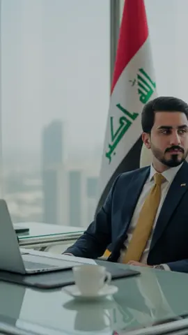 #CapCut #@هيبت خالد: A cinematic portrait of an Iraqi politician in a modern executive chair upholstered in cream leather, positioned behind a glass-top desk with chrome edges. Shot from a slightly low-angle perspective to convey power and leadership, he wears a dark navy suit with a golden tie, his gaze fixed firmly to the side with a serious demeanor. The Iraqi flag is displayed proudly in the background. The scene is lit with soft, cinematic lighting, highlighting facial details, the glossy reflections of the glass desk, and the textures of the suit. A blurred laptop and coffee cup in the foreground add realism and depth.