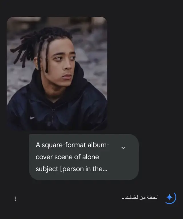 A square-format album-cover scene of alone subject [person in the imagel sitting in relaxed profile on the very tip of a white spring diving board that just in from frame right over a vast ocean; no horizon or land visible-only layered, choppy waves filling the frame; Subjects wears an black and white athletic jersey, black wide baggy pants and timberland brown boots; composition matches precisely-the subject is placed on the right third, camera at eye level in three- quarter profile facing frame left with chin slightly lifted, legs dangling, hands resting on the knees, and the diving board nearly horizontal as a clean leading line; sea color tones are dominant and specific; deep indigo base with Prussian blue mid-tones, teal cyan highlights on wave crests, cool slate-blue shadows, and near-black troughs with subtitle silver specular glints-overall cool blue-hour pallete; lightning is soft, diffuse late-day with gentle falloff; add fine film grain, faint halation, slight vignette, mild matte curve, and restrained contrast; shot with a 35mm film look using 135mm telephoto equivalent at f/4. 1/500s. ISO 400 for crisp focus on subject and board with medium-deep depth to keep wave texture legible; include a small 