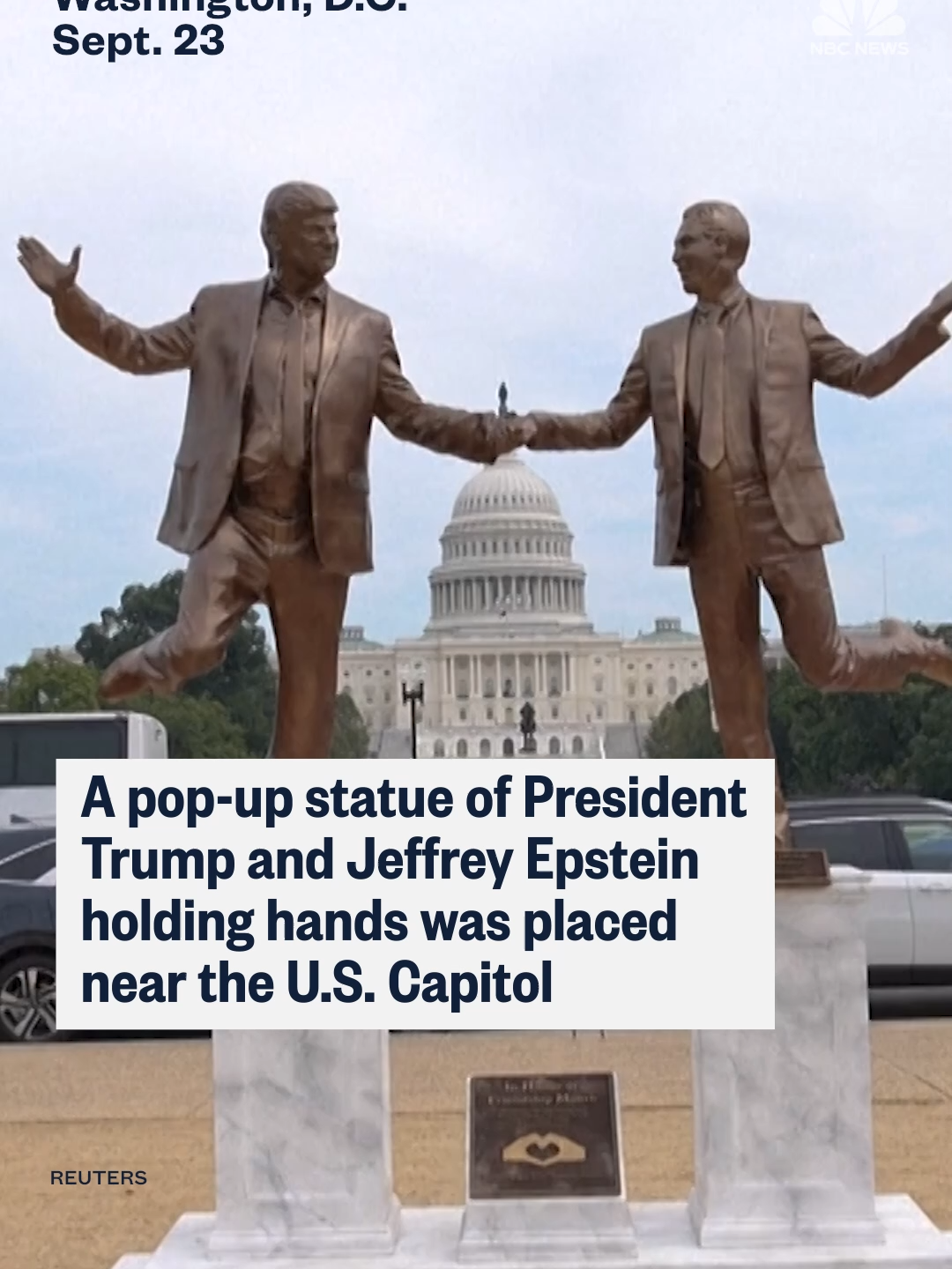 An anonymous group called 'Secret Handshake' said it placed a pop-up statue of President #Trump and Jeffrey #Epstein holding hands near the U.S. Capitol in #Washington, D.C.