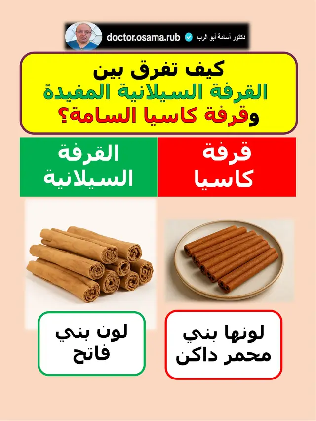 كيف تفرق بين القرفة السيلانية وقرفة كاسيا؟ قرفة كاسيا لونها بني محمر داكن حلقات العود تكون أكثر سمكًا  ملمس خشن نكهة قوية وحارة للغاية رخيصة الثمن جدا القرفة السيلانية لون بني فاتح حلقات العود رقيقة الطبقات مثل السيجار ملمس ناعم نكهة رقيقة وحلوة قليلا تشبه الحمضيات باهظة الثمن  تحتوي قرفة كاسيا على الكومارين، وهو مركب سامً، وهو ضار بجرعات كبيرة. من المعروف أن الكومارين يُسبب تلفًا في الكلى والكبد والرئة لدى القوارض، بل قد يُسبب السرطان. القرفة السيلانية لا تحتوي على بالكومارين #قرفة  #القرفة_فوائدها_وانواعها  #القرفة  #قرفة_سيلانية  #قرفة_كاسيا
