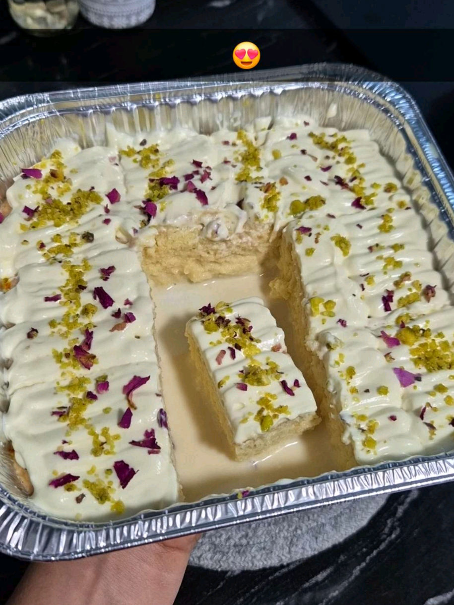 The Best Rasamalai Tres Leches Cake Ingredients: Cake Batter: ▪︎ 2 egg yolks ▪︎ 2 egg whites ▪︎ 1/4 cup sugar - 50g for egg yolks ▪︎ 2tbsp sugar for egg whites  ▪︎ 3tbsp milk ▪︎ 1tsp vanilla essence  ▪︎ 1/2 cup flour - 65g ▪︎ 1tsp baking powder   ▪︎ 1tsp salt Milk: ▪︎ 1 cup milk ▪︎ 1 cup evaporated milk ▪︎ 1/2 cup evaporated  ▪︎ cardamom  ▪︎ saffron  Garnish: ▪︎ 1cup whipping cream - 200mp ▪︎ 2 tbsp powdered sugar ▪︎ pistachio & rose petals #fyp #fyppppppppppppppppppppppp #Recipe #cake #food 