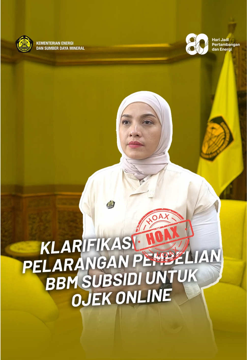 KLARIFIKASI HOAKS TERKAIT PELARANGAN PEMBELIAN BBM SUBSIDI UNTUK OJEK ONLINE! Kementerian ESDM menegaskan bahwa informasi mengenai larangan penggunaan BBM subsidi (Pertalite) bagi ojek online (ojol) tidak benar. Hingga saat ini, tidak ada kebijakan terkait pengaturan penggunaan Pertalite untuk ojol. Pemerintah senantiasa mengutamakan kesejahteraan, keberpihakan kepada kelompok rentan, serta melindungi kepentingan pengemudi ojol. Masyarakat diimbau bijak menyikapi informasi dan hanya merujuk pada laman resmi Kementerian ESDM di esdm.go.id. Mari lebih bijak menerima informasi, dan hentikan penyebaran hoaks!✨ #EnergiUntukRakyat #Klarifikasi
