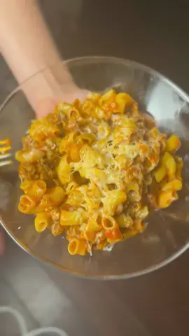 The yummiest tomato basil and beef sauce with macaroni noodles!