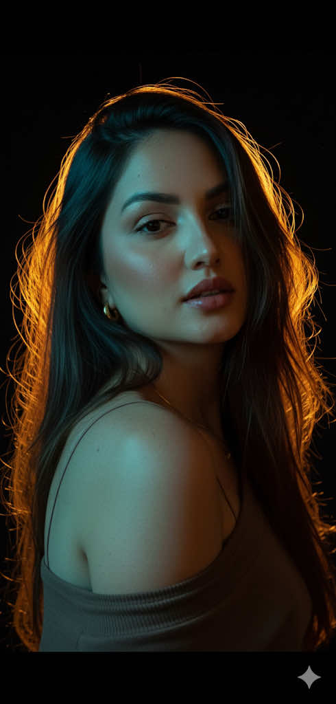 ✨ Aprenda a fazer foto no estilo Estúdio usando a IA Gemini! #gemini #foto #ia #foryou  Copia e cola o texto: Faça um Retrato pessoal de alta gama, ultra realista da pessoa na foto fornecida, preservando sua fisionomia, idade aparente, gênero, tom de pele, cabelo, olhos e expressão únicos Negativos: Não distorcer traços, sem mudanças de idade ou gênero, sem pele plástica, sem roupas inventadas (salvo o fallback indicado), sem dedos extras ou ausentes, sem ruído, sem textos nem marcas d’água. • Texturas de pele, cabelo e tecido fotorealistas. Sujeito principal: Uma mulher com cabelo solto e levemente desalinhado, de tonalidade castanho-escuro. O cabelo é intensamente iluminado por trás, criando um halo dourado luminoso que contrasta fortemente com o fundo escuro. Expressão e pose: Ela gira o rosto em direção à câmera, com o olhar direto mas parcialmente coberto por sombras. Sua boca está levemente entreaberta, acrescentando um ar expressivo e íntimo à imagem. O ombro descoberto e a fina alça de uma peça de roupa, quase imperceptível, sugerem um retrato artístico, mais sensual do que documental. Iluminação: • Contraluz muito forte e quente, provavelmente com um gel amarelo/laranja, que envolve o contorno do cabelo. • Uma fonte secundária fria (luz azul/verde) ilumina o rosto e parte do ombro, criando um contraste de cores complementares (quente no cabelo, frio na pele). • O fundo é totalmente escuro, isolando completamente a modelo e destacando os brilhos da sua cabeleira. Cor e atmosfera: A imagem explora um esquema bicolor quente-frio. O resultado é dramático, cinematográfico e com um toque etéreo. Lente: • Lente fixa (prime), entre 50mm e 85mm em formato full frame. • Isso se deduz pela suave compressão do rosto e dos ombros, típica de lentes de retrato. • Abertura ampla (f/1.4 – f/2.8). Estilo fotográfico: Retrato artístico com forte intenção dramática.
