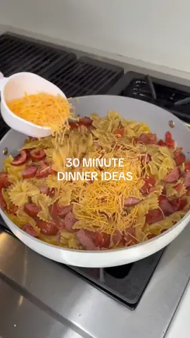 30 MINUTE DINNER IDEAS ✨ These are so easy & delish. I’ll put the details below in case you want to try them out. *All of my kitchen favs are in my Amazon storefront - the veggie chopper is my fav. . CREAMY SAUSAGE PASTA: In a large skillet brown 13oz sausage and then remove from pan. I use turkey sausage but you can use whatever you like. Remove from the pan and set aside. In the same skillet, sauté 1tbsp of garlic for a minute then pour in 2 cups of chicken broth, 1/2 cup heavy cream, 10oz can of diced tomatoes (OR diced tomatoes/chiles 10oz can if you want it spicy), and seasoning (salt/pepper/garlic powder). Stir in 8oz of dry bowtie pasta. Cover and cook on low for about 14mins. Once pasta is cooked stir back in the cooked sausage and top with shredded cheddar cheese (1-2 cups).  . CHICKEN BROC ZITI: Dice up one pound of chicken breast into bite sized pieces. Heat 2 tablespoons of olive oil on skillet and add in seasoned (salt/pepper/garlic pwdr) chicken. Once chicken is fully cooked add in 2 cups fresh broccoli florets (you can use frozen but better fresh) and 8oz of cooked pasta. Stir that all together and let the brocolli steam a little. Sprinkle with a ranch seasoning packet and add in a splash of chicken broth for moisture. Gradually stir in one cup of shredded sharp cheddar cheese. Reduce heat for five minutes until everything is melty together. . UNSTUFFED PEPPERS: Dice 3 bell peppers (any colors) & one medium onion. Add 1 tbsp olive oil to skillet and add in 2tbsp garlic. After a minute add in the chopped onion and cook for a few minutes. Add in 1lb ground beef or turkey. Cook until browned. Stir in diced peppers, Italian seasoning, salt/pepper. Cook for 3-5 mins to soften peppers slightly. Stir in 1 cup white or brown rice. Stir in 15oz can tomato sauce. Bring to a simmer then cover to cook the rice. Add in chicken broth (about one cup) after a few minutes so the rice cooks well. Stir occasionally until rice is done. Top with shredded cheddar (optional). . Enjoy! . . #DinnerIdeas #EasyRecipes #30minutemeals 