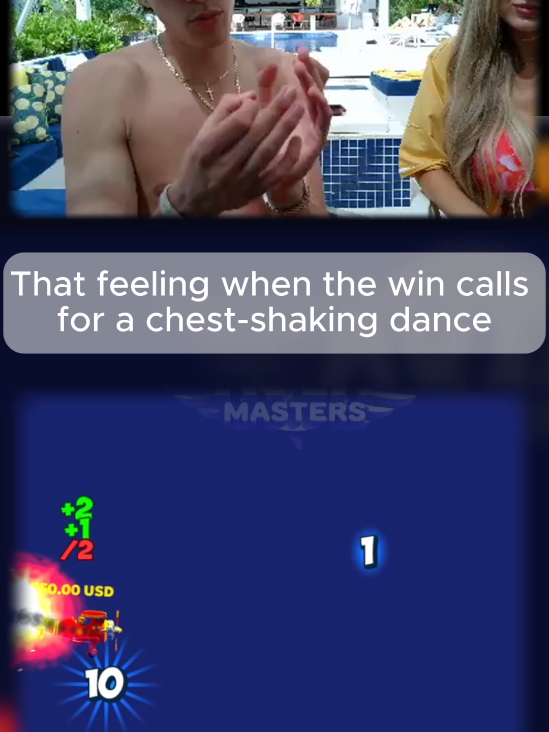 That feeling when the win calls for a chest-shaking dance