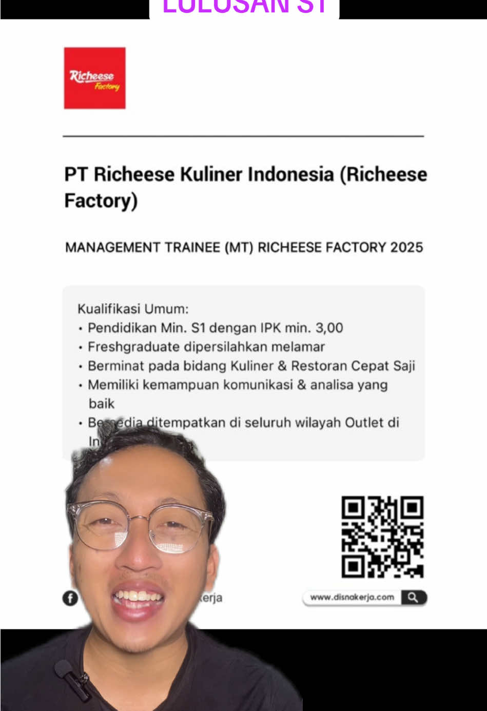 Lowongan Kerja PT Richeese Kuliner Indonesia (Richeese Factory) MANAGEMENT TRAINEE (MT) RICHEESE FACTORY 2025 Kualifikasi Umum: • Pendidikan Min. S1 dengan IPK min. 3,00 • Freshgraduate dipersilahkan melamar • Berminat pada bidang Kuliner & Restoran Cepat Saji • Memiliki kemampuan komunikasi & analisa yang baik • Bersedia ditempatkan di seluruh wilayah Outlet di Indonesia Lihat detail: https://www.disnakerja.com/lowongan-kerja-pt-richeese-kuliner-indonesia-richeese-factory/ #infoloker #carikerja #lowongankerja #lokerterbaru #loker2025 