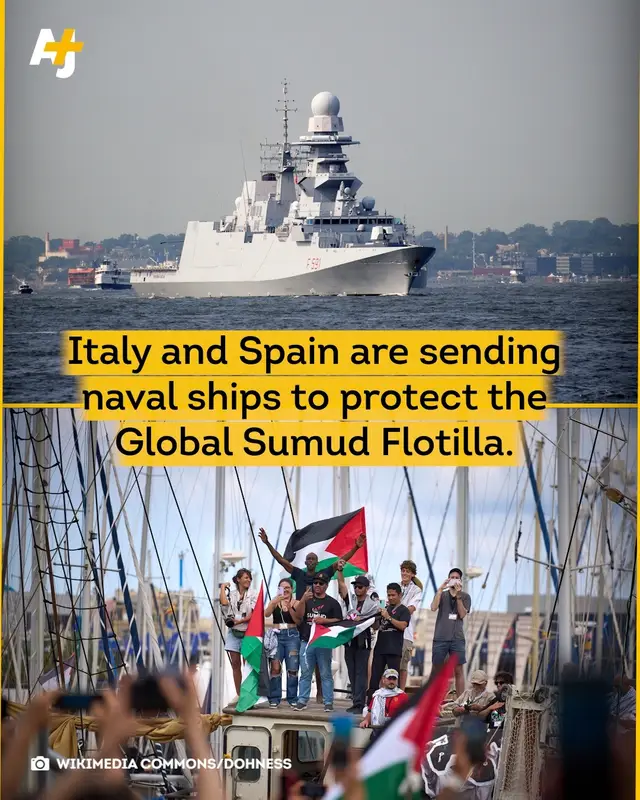 After drones targeted the Global Sumud Flotilla on Sept. 23, Italy and Spain announced they are sending naval ships to escort the 50 civilian vessels. The crew members on the flotilla say they will continue sailing to Gaza in an attempt to break Israel’s siege and deliver aid to starving Palestinians. #Italy #Gaza #Palestina #Flotilla #GlobalSumudFlotilla