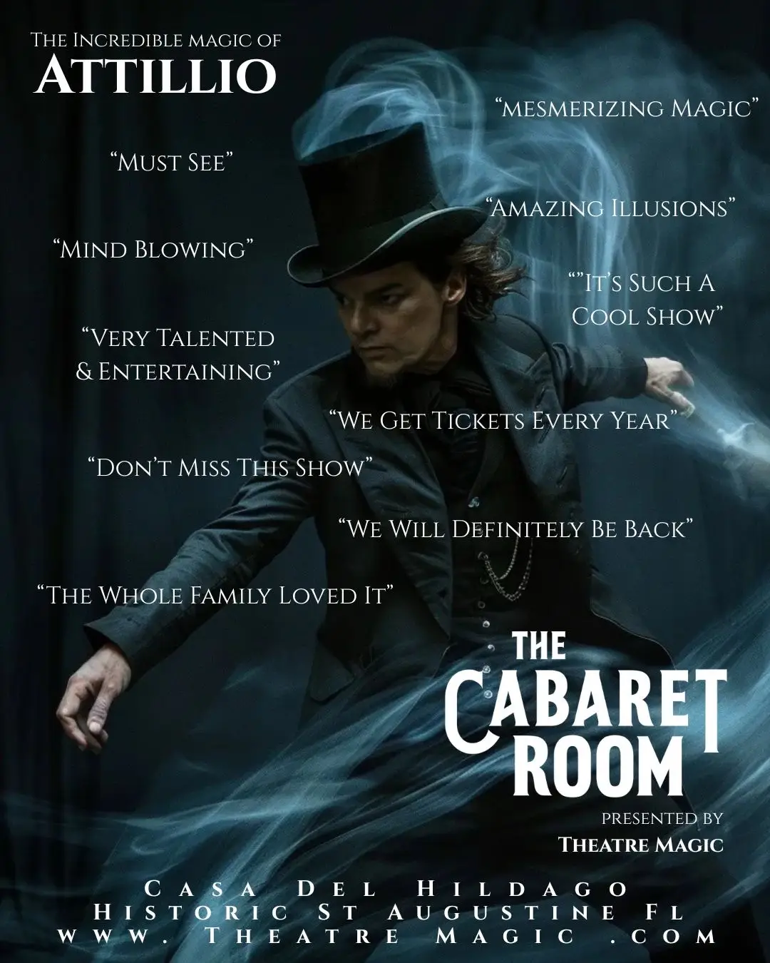 🎩 “Must see.” 💫 “We get tickets every year.” 🪄 “The whole family loved it.” The whispers are true. Behind a velvet curtain on St. George Street, a 20-minute theatrical experience is leaving audiences stunned, smiling, and coming back for more. Welcome to The Cabaret Room, where mystery meets masterful illusion in an wonderful, one-of-a-kind show that’s become a tradition for locals and a revelation for visitors. 🍷 Enjoy food & drinks before, during, or after the show ✨ Perfect for families, date nights, or curious minds 🎟️ Shows run Friday, Saturday & Sunday — Matinee + Evening 📍 Casa del Hidalgo | St. George & Hypolita 🎟️ Get your tickets now → TheCabaretRoom.com The best-kept secret in St. Augustine…..book out the room with your group under 30 today. Food Drinks Fun