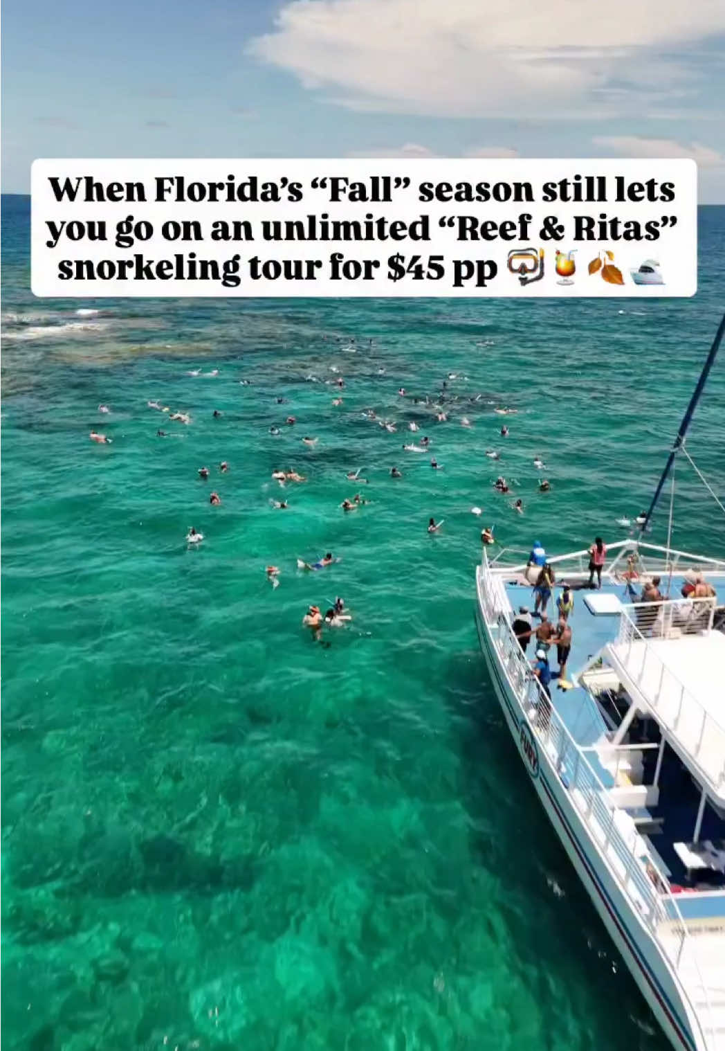 😎🍹🤙🌊 LOCATION ⬇️ Did you know there’s a charter in the Florida Keys that offers a snorkeling tour PLUS unlimited Margaritas/Beer afterward?!  We had a great time exploring some of Florida’s most BEAUTIFUL waters this way and highly recommend! If you’ve been to the Keys, you know that the beaches aren’t really all that great but once you hop on a boat - GAMECHANGERRRR 😍😭🔥 This is a super affordable way to do something the whole family can enjoy so be sure to save and follow us for more gems!  📍Fury Water Adventures | Reef & Ritas Snorkeling Tour | Roughly 3 hours long *if you don’t drink or want to explore different options they have other types of tours too!  💵 $45 per person (or slight discount for kids)  🤿 Snorkel and fins provided (we brought our own though) 🍹Drinks are served after the snorkel on the way back to shore 💸 Bring some cash for tip  🥪 Food is NOT included so pack some snacks or eat before #florida #floridakeys #thingstodoinflorida #floridatravel #exploreflorida 