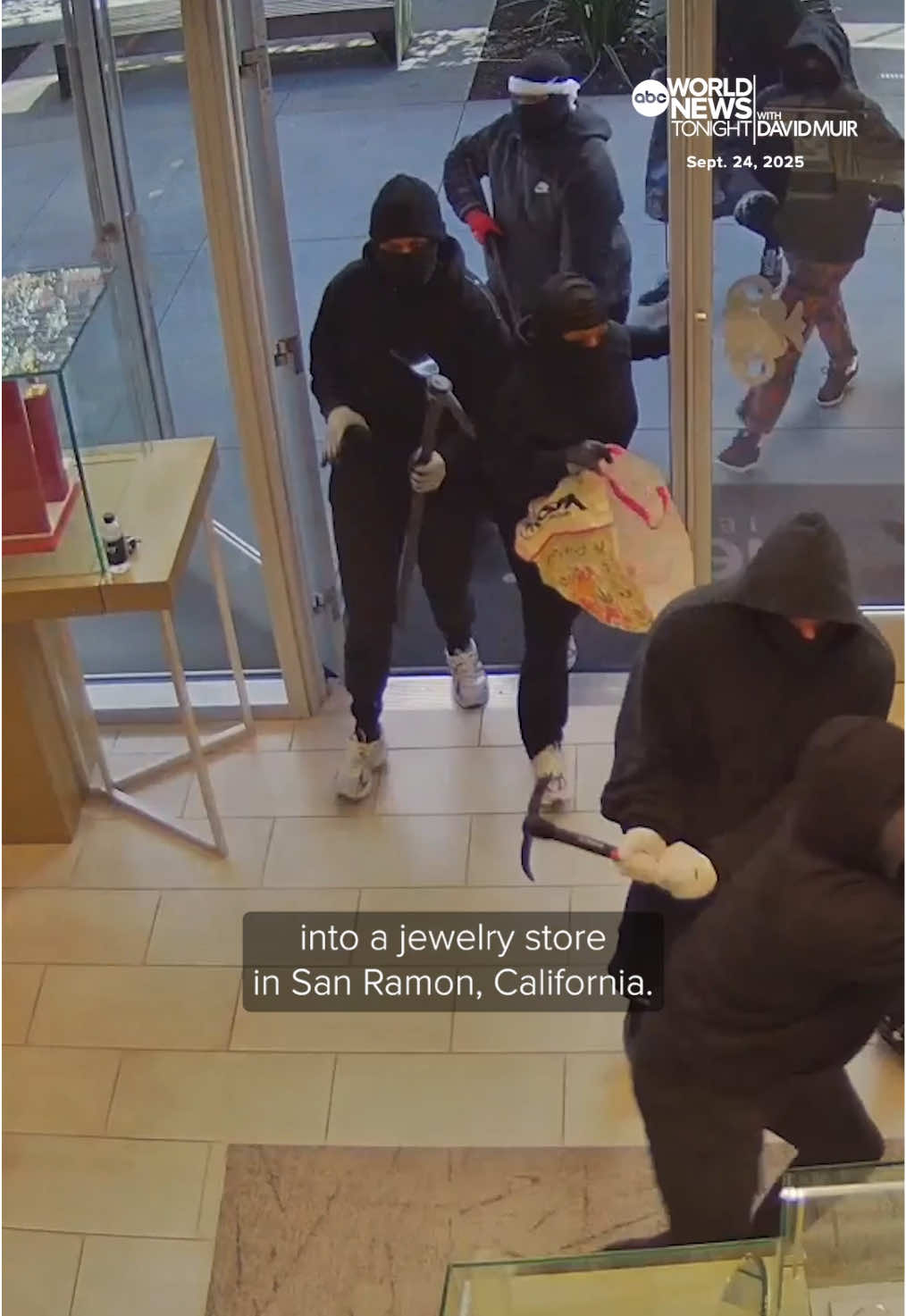 Several suspects are in custody after a daring smash-and-grab robbery in San Ramon, California, authorities said. Police say surveillance video shows more than two dozen people, some armed with weapons, breaking into the jewelry store. David Muir reports for @ABC World News Tonight. 