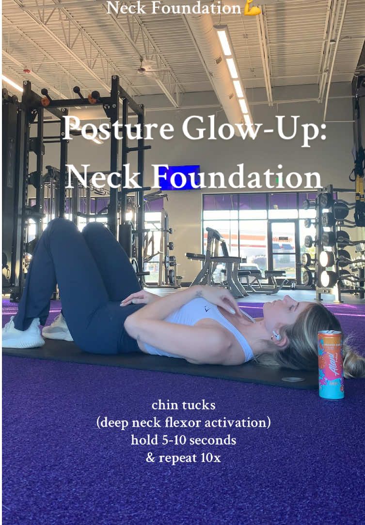 Hunchback of Notre Dome? Not on my watch bestie🗣️🫶 Posture gains loading, let’s train those neck muscles. These are super quick and I throw them in at the end of my other workouts. Very foundational to start, building from here! Neck Foundation: • Chin tuck: Gently tuck your chin straight back (like making a double chin) • Supine head nods: slowly nod your head yes keeping the back of your head in contact with the floor • Neck flexion isometric hold: Back/neck straight. Push your forehead gently into your palm without moving your head (your head is trying to go down towards your chest)   #hygienistoftiktok #wellness #posturecorrection #postureglowup #rdhlife @Gymshark @Alani Nutrition 