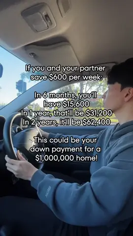 Educational only – not financial advice. If you and your partner save $400 per week, you could have $62,400 in 2 years, just enough for a 5% deposit on a $1m home. #moneyproblems #budgetfail #millennialmoney #finance #saving #mortgage #PersonalFinance #LearnOnTikTok #realestate #education #student #genz #rentfree #savingmoney #lendingloop #MortgageTips #MortgageBroker #HomeLoan