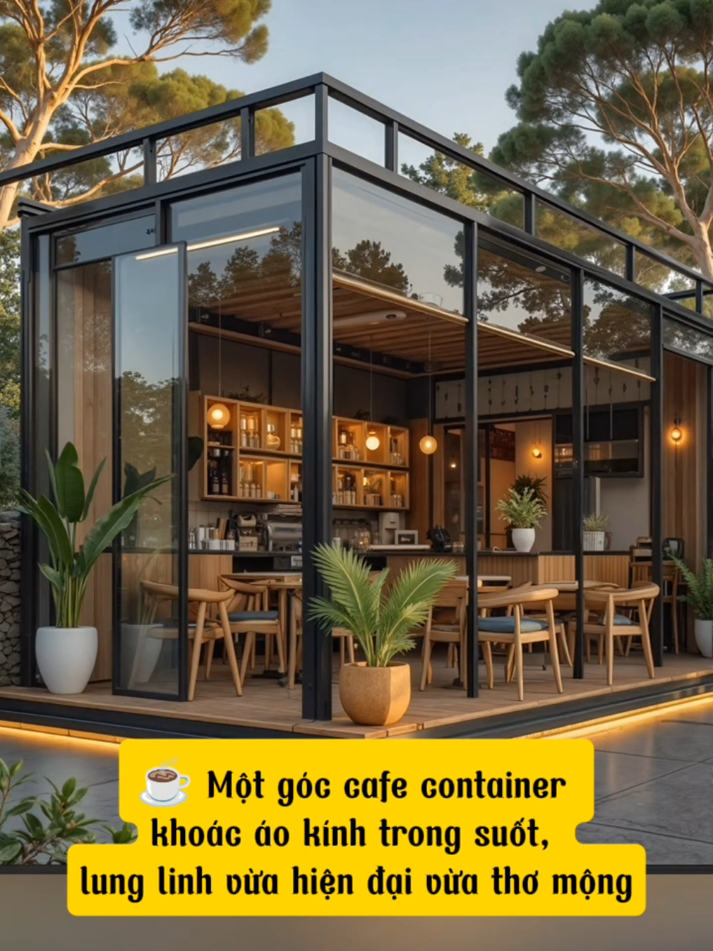 Một góc cafe container khoác áo kính trong suốt, lung linh trong ánh đèn vàng, vừa hiện đại vừa thơ mộng. Ngồi nhâm nhi tách cà phê, phóng tầm mắt ra cây xanh, thấy lòng bình yên đến lạ ☕ #quancafecontainer #cafekinh #cafeviewdep #khonggiannghethuat #ohadecor