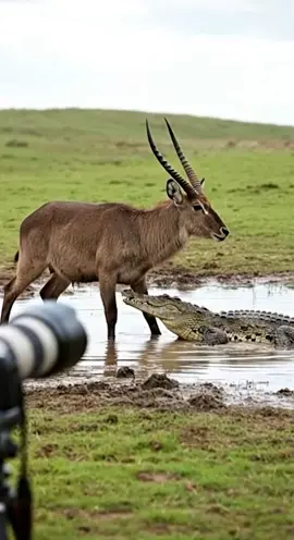 Safari Thrills: Waterbuck's Dangerous Drink! #Waterbuck #Crocodile #Wildlife #Safari #Africa  