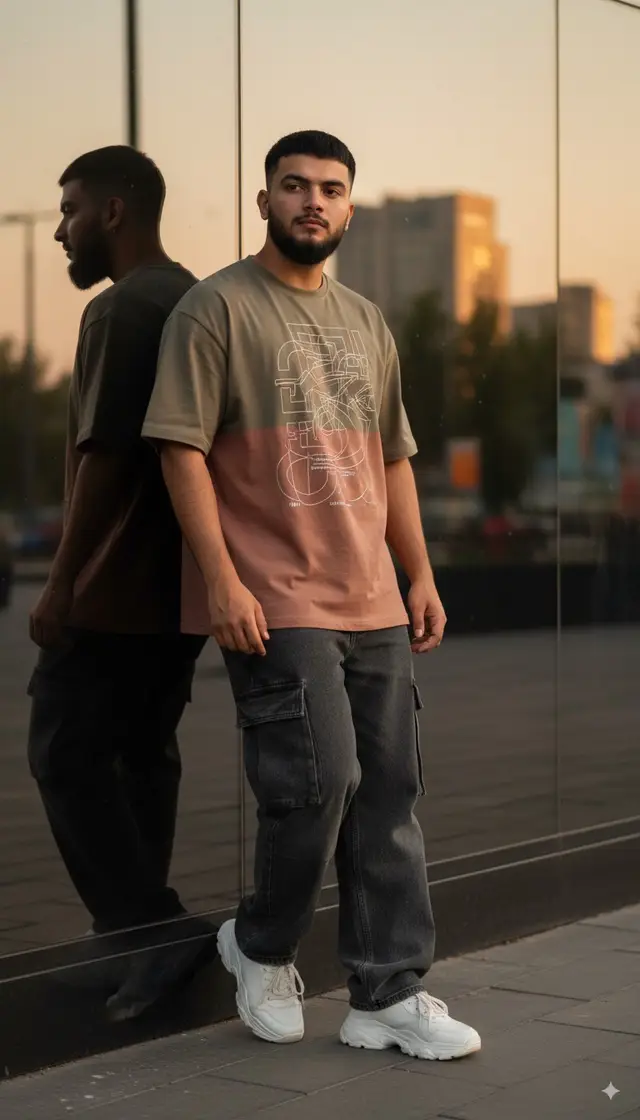 Create a cinematic ultra-realistic full-body portrait of a stylish young man leaning casually against a modern dark mirror wall outdoors. Use the uploaded photo exactly, keeping the original face and shape without alteration. He has neatly styled black hair  Outfit: a relaxed oversized graphic T-shirt in perfect tones, paired with baggy cargo jeans and chunky white sneakers#chatgpt #gemini #prompt #edit #fyppppppppppppppppppppppp 