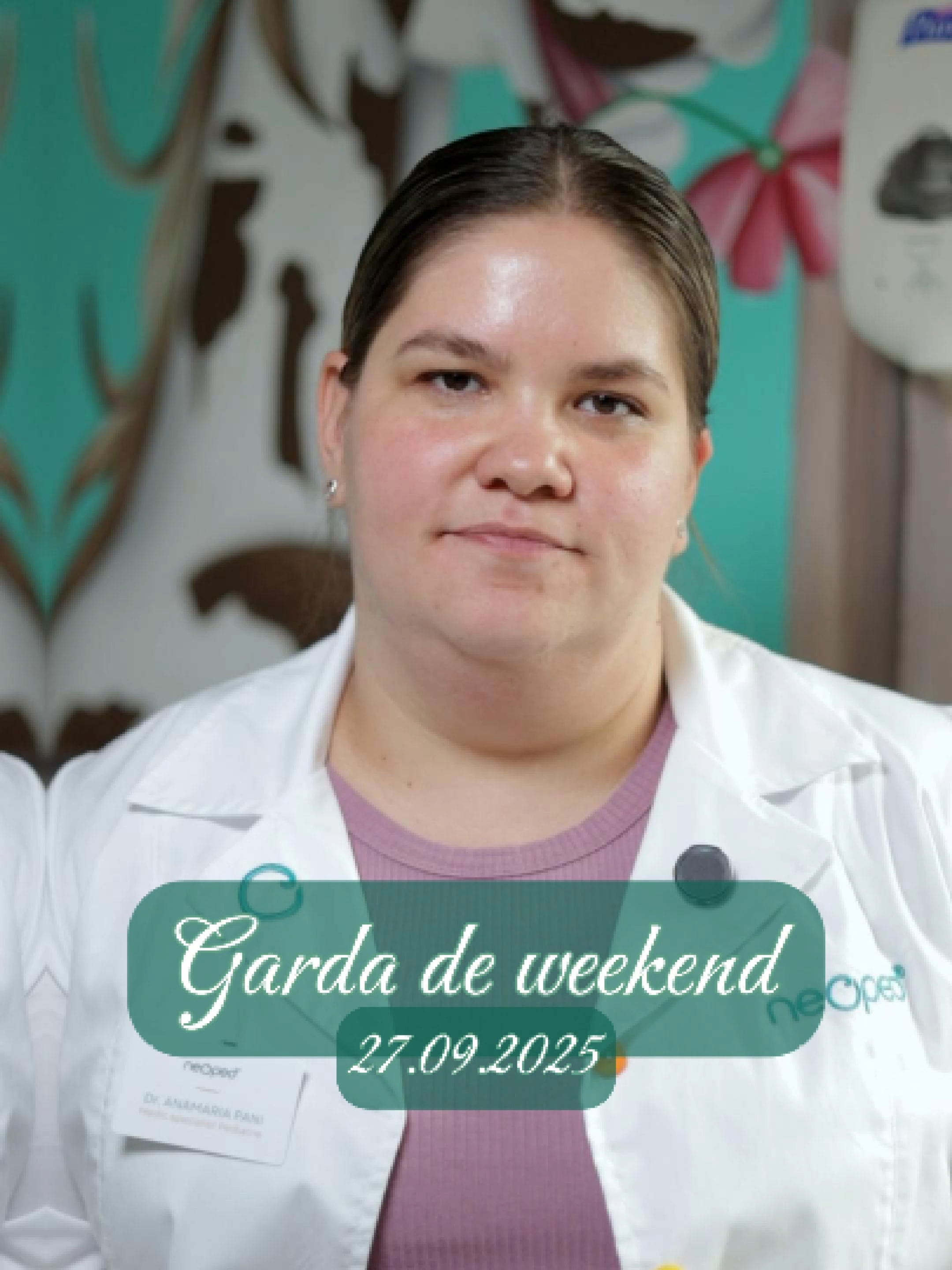 👩‍⚕️ Sâmbătă, 27 septembrie, garda de weekend este asigurată de Dr. Anamaria Pani. 💙 Suntem aici pentru consultații și tratamente adaptate fiecărui copil. 📍 Str. Hebe, nr. 13, Timișoara 📞 0746 092 102 🌐 www.neoped.ro  #Neoped #SanatateaCopilului #Timisoara #pediatriepentruparinti #consultatiitimisoara #pediatrietimisoara