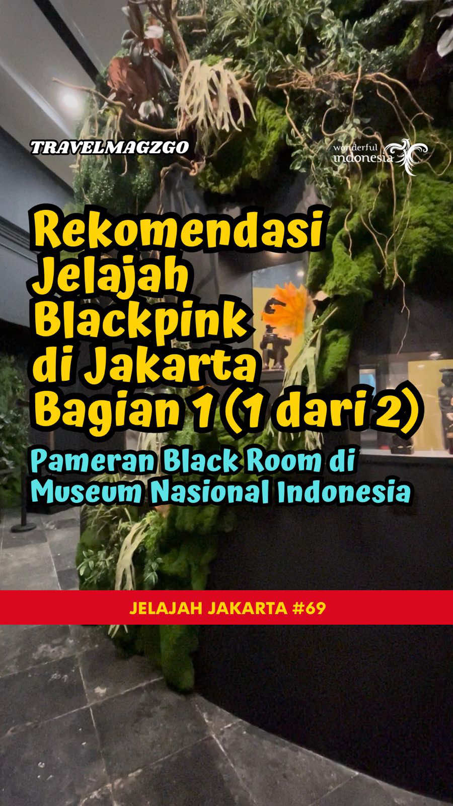 Jalan-jalan menyusuri keindahan Blackpink di Jakarta. Blackpink yang mempertegas hubungan akrab Indonesia dan Prancis. Video dibagi menjadi dua : Black dan Pink.  Di video pertama ini kita akan membahas sisi Blacknya dulu ya.  Hi kawan jalan dan makan, selamat datang di Black Room di Museum Nasional Indonesia @museumnasionalindonesia  Kali ini, travelmagzgo dengan aku Sonny dan adikku Tio mengajakmu ke Black Room: The Soul Gallery, sebuah instalasi seni yang dikurasi dan dirancang oleh Prasetio Budhi @prasetiobudhi Berkolaborasi dengan banyak pihak termasuk Didit Hediprasetyo Foundation @didit.hediprasetyo.foundation , D Gallerie @dgalleriejakarta , Elysian @_elysian.id, Indra Leonardi @indraleonardi, Galeri Nasional Indonesia @galerinasional, Museum Nasional Indonesia, dan Stupa Caspea @stupacaspea. Ruang ini merupakan bagian dari pameran bertajuk L’Art Botanique du Paradis yang diselenggarakan seiring momentum besar peringatan 75 tahun hubungan diplomatik Indonesia–Prancis. Pameran ini sempat dihadiri tokoh-tokoh penting dunia, termasuk Ibu Negara Prancis, Brigitte Macron, yang datang langsung melihat instalasi ini sebagai bagian dari agenda budaya kenegaraannya di Jakarta. Black Room disebut sebagai ruang gelap dan reflektif. Saat memasuki ruangan, pengunjung diselimuti nuansa hitam dengan pantulan cahaya, serta penataan instalasi memberi kesan tenang, khusyuk, dan penuh perenungan. Seperti berjalan masuk ke dalam ruang batin, di mana artefak, simbol leluhur, dan ekspresi kontemporer berdialog dengan kita melalui ruang dan cahaya. Koleksi yang dipamerkan di sini pada umumnya adalah lukisan-lukisan karya Nunung WS @nunung.ws , serta seniman Prancis seperti Hans Hartung, Bernard Cathelin, dan Roberta Gonzalez. Terdapat juga patung-patung kayu dari berbagai daerah di Indonesia, seperti Hampatong dari Kalimantan (Dayak), Upuleru dari Maluku, dan Korwar dari Papua. Mari kita lanjut ke video berikutnya untuk menjelajahi Pink Room. dan tentunya ikuti terus @travelmagzgo, kawan jalan dan makan kawasan urban. Terima kasih untuk mas @tezalyaz_ dari Museum Nasional Indonesia atas penjelasannya.