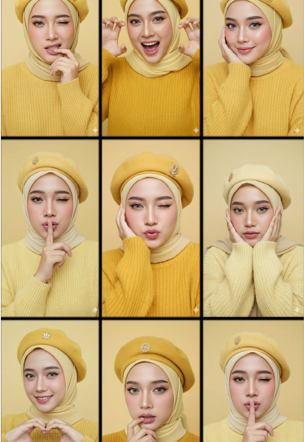 Mohon maaf kalau bosen, tapi sayang banget kalau gak di upload 🤏🏻😊 Ini peompt nya: Potret hyper realistic seorang wanita berhijab dengan wajah asli sesuai foto referensi. Ia mengenakan hijab warna kuning pastel yang dililit rapi. Dipadukan dengan sweater rajut tebal warna kuning senada, serta topi baret kuning dengan emblem kecil. Make-up flawless ala korea look: foundation matte halus, blush pink segar di pipi, eyeshadow shimmer lembut, eyeliner hitam tipis dengan winged halus, bulu mata lentik natural. Softlens abu-abu terang, dan lipstik pink glossy. Pose close up dengan tangan kanan gigit jari. Ekspresi centil dan sexy. Latar belakang warna kuning polos. Jangan merubah wajah asli dari foto yang saya kirim. Terima kasih kak buat peomt nya🥰❤️ @happy wife on duty👩🏻‍🍳  #googlegeminiai #prompt #viral #fyp #fypage 