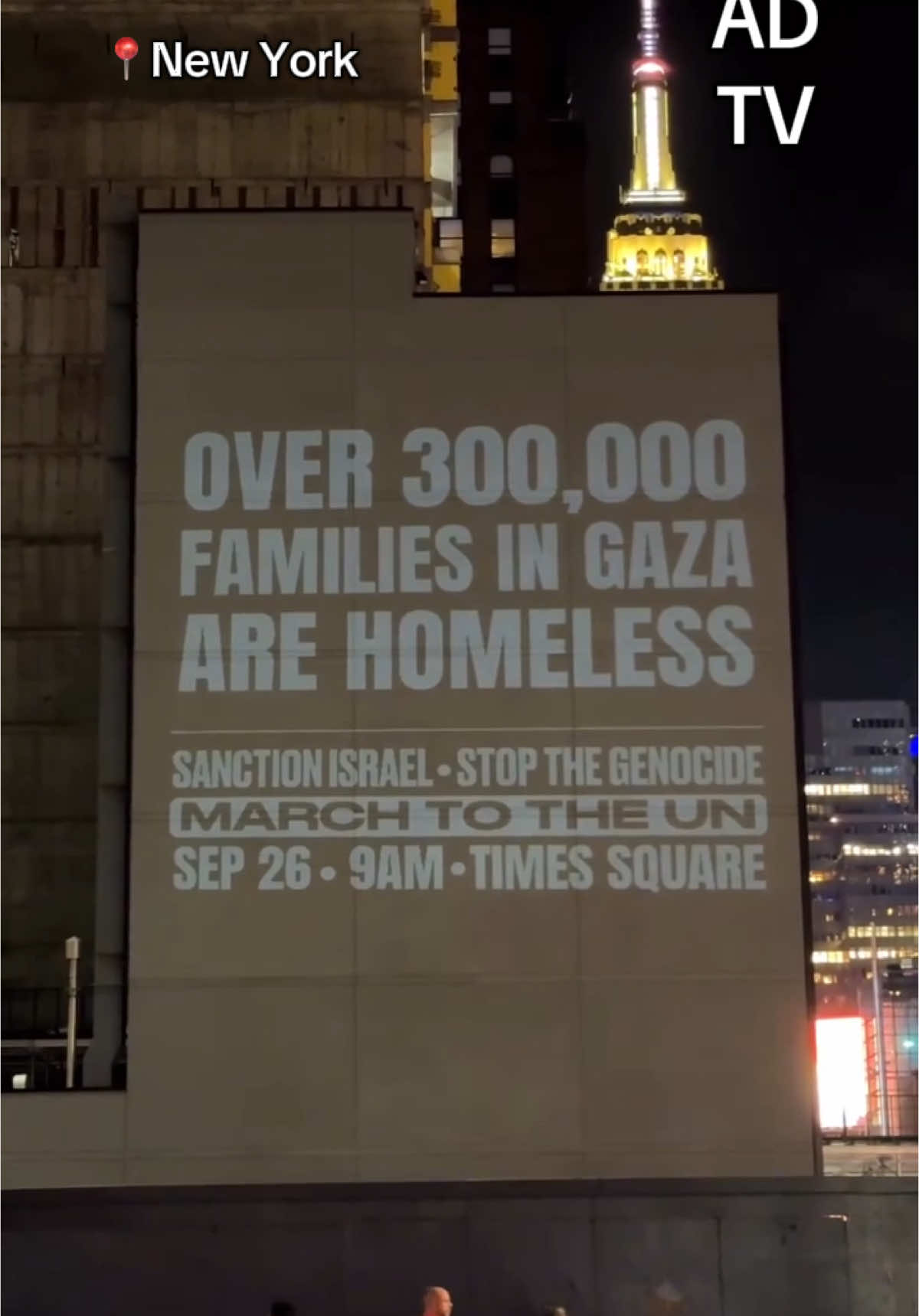 In Downtown Manhattan, activists projected bold messages onto buildings ahead of the Mass March to the UN on September 26. The slogans read: “ARREST NETANYAHU, SANCTION ISRAEL” — denouncing Benjamin Netanyahu as the architect of genocide before his speech at 9 AM. Au centre de Manhattan, des activistes ont projeté de puissants messages sur des immeubles en amont de la grande marche vers l’ONU le 26 septembre. Les slogans disaient : « ARRÊTEZ NETANYAHU, SANCTIONNEZ ISRAËL » — dénonçant Benjamin Netanyahu comme l’architecte du génocide, avant son discours prévu à 9h. في وسط مانهاتن، قام النشطاء بعرض رسائل ضخمة على المباني قبل المسيرة الكبرى نحو الأمم المتحدة في 26 سبتمبر. وظهرت الشعارات: « اعتقلوا نتنياهو، عاقبوا إسرائيل » — مُدينين بنيامين نتنياهو باعتباره مهندس الإبادة الجماعية قبيل خطابه الساعة التاسعة صباحًا. #ArrestNetanyahu #SanctionIsrael #UN #MassMarch #NYC #FreePalestine #StopGenocide #ArrêtezNetanyahu #SanctionnezIsraël #ONU #MarcheMassive #NewYork #PalestineLibre #StopAuGénocide #اعتقلوا_نتنياهو #عاقبوا_إسرائيل #الأمم_المتحدة #نيويورك #فلسطين #أوقفوا_الإباد
