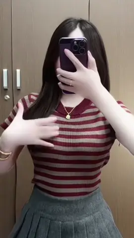 Áo len tăm cộc KẺ Cổ tròn thêu ngựa #thoitrangnu #xuhuongtiktok 