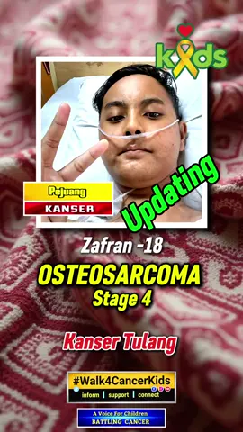MUHAMMAD ZAFRAN HADI - 18 Kanser Tulang  - Osteosarcoma Stage 4  Zafran kini berada dalam rawatan PALLIATIVE, bergantung pada mesin oxygen dan painkillers.  Zafran, 18, dikesan menghidap sejenis kanser tulang,  Osteosarcoma,  pada Mac 2023.  Zafran peminat dan aktif bermain bolasepak. Amputasi buang kaki kanan pada Mei 2025.  Kanser relapsed dan menyebar ke paru-paru.  Zafran menjalani pembedahan paru-paru pada Ogos 2025.  DOAKAN:  Kondisi Zafran yang tenat. #fyp #fypシ #fypシ゚viral #viral #Walk4CancerKids #childhoodcancer #pediatriccancer #kanser #kanker #tumor #osteosarcoma #bones #tulang 
