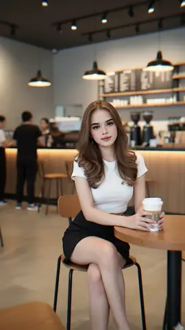 prompt : edit foto seperti sedang nongkrong disebuah coffeeshop, duduk santai dan memegang secangkir gelas take-away. mengenakan outfit baju croptop putih, rok mini hitam, dan sepatu putih. buatlah senatural mungkin dan jangan mengubah muka asli pada foto #fypシ゚ #fotoai #aigemini #gemini 