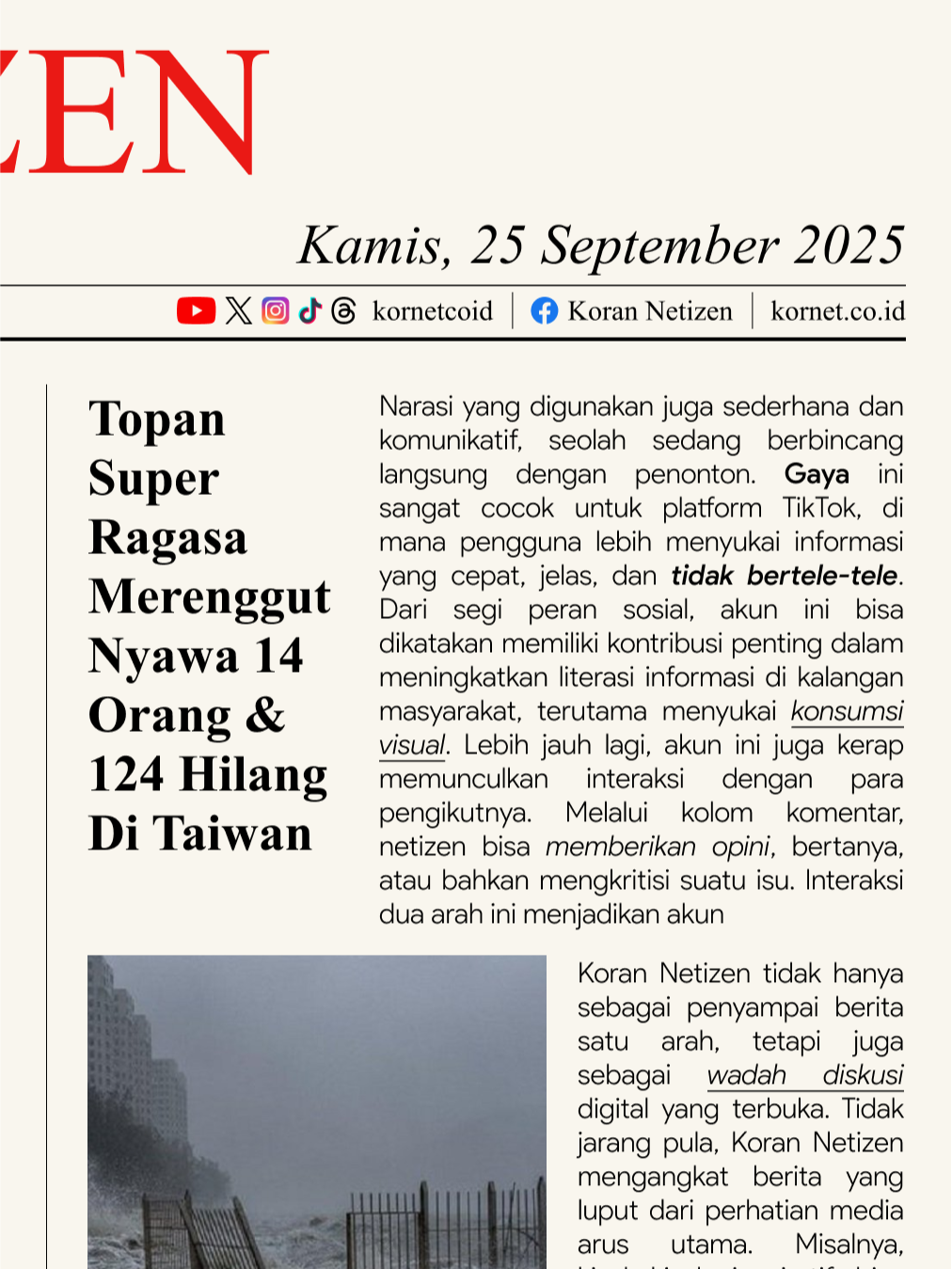 Bencana alam menimpa Taiwan: Topan Ragasa menghancurkan wilayah Hualien, m3r3nggut 14 orang dan ratusan hilang. Baca Selengkpanya Di : Kornet.co.id #TopanRagasa #Taiwan #BencanaAlam #Banjir #Evakuasi #BeritaInternasional #Topan #PenanggulanganBencana #zonaberitasingkat
