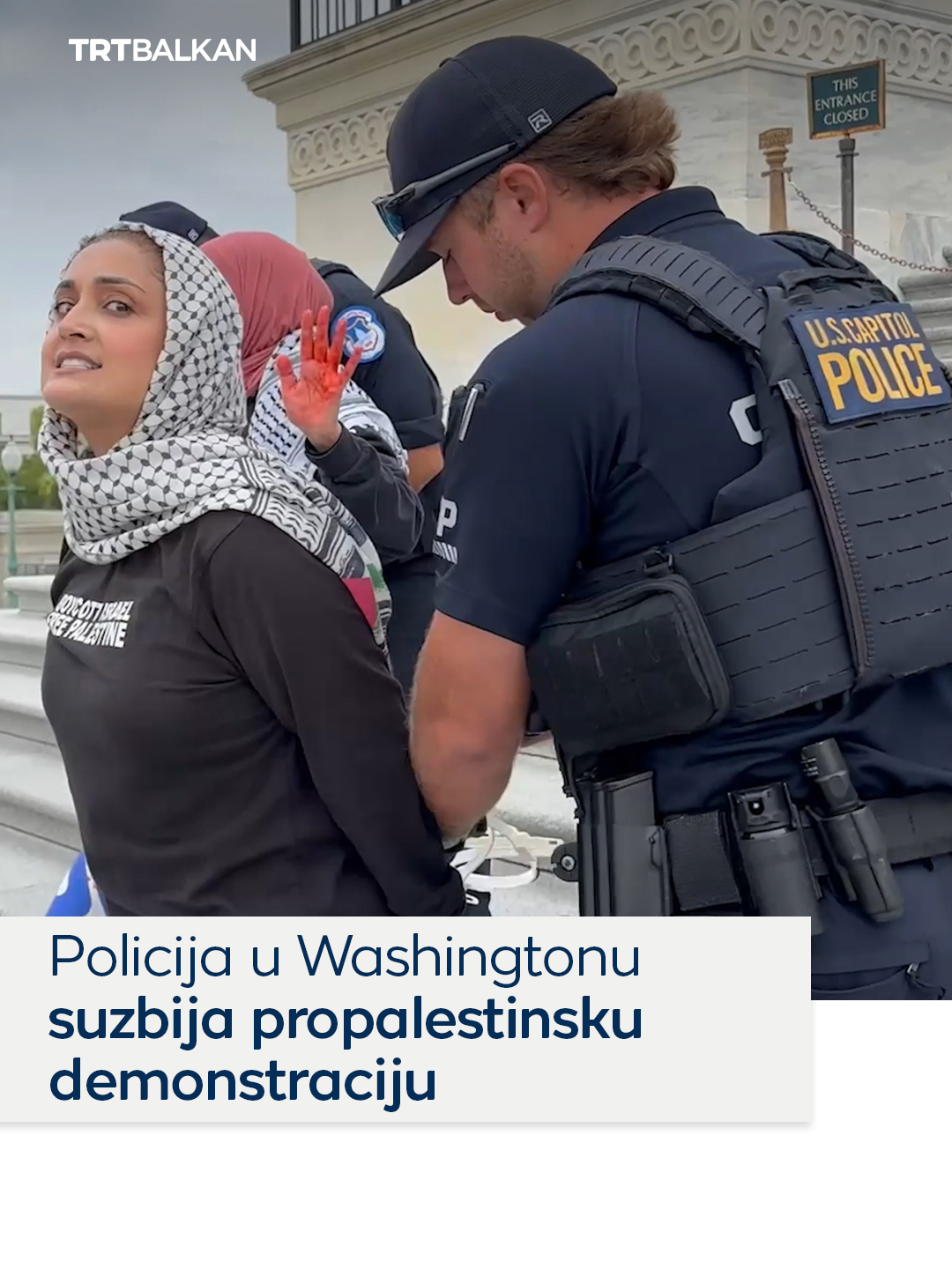 Policija je uhapsila propalestinske demonstrante tokom skupa ispred američkog Kapitola u Washingtonu, 24. septembra.  Događaj se desio usred rastućeg međunarodnog bijesa zbog izraelskog genocidnog rata u Gazi. #washington #sad #protest #palestina #aktivisti #fyp #trtbalkanbhsc