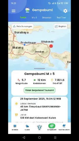 Info Gempa dirasakan Mag:5.7, 25-Sep-25 16:04:12 WIB, Lok:7.82 LS, 114.47 BT (Pusat gempa berada di laut 46 km timur laut Banyuwangi), Kedlmn:12 Km ::BMKG Informasi selengkapnya lihat di https://bmkg.go.id/ berdasarkan laporan sejumlah warga, 10 rumah di Karangtekok, Sumberwaru Kabupaten Situbondo rusak terdampak gempa tersebut. #gempa #gempabumi #situbondo24jam #situbondogempa #gempabanyuwangi 