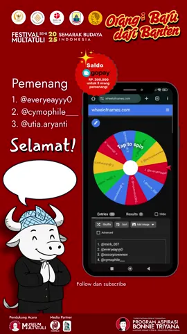 ✨ Selamat kepada para pemenang Kuis TikTok Festival Seni Multatuli 2025! 🎉 🏆 @everyeayyy0 🏆 @cymophile___ 🏆 @utia.aryanti Kalian berhak mendapatkan hadiah saldo GoPay. Segera kirimkan DM nomor handphone yang terhubung dengan akun GoPay, ya. Terima kasih sudah meramaikan #FestivalSeniMultatuli ✨ Sampai jumpa di keseruan berikutnya! Kuis ini terselenggara berkat Program Aspirasi Bonnie Triyana (Anggota Komisi X DPR RI), Kementerian Kebudayaan RI, Badan Riset dan Inovasi Nasional (BRIN), dan Pemerintah Kabupaten Lebak. --- 👉 Ikuti perjalanan kami di @festivalsenimultatuli dan bagikan inspirasimu dengan #FSM2025 #FestivalSeniMultatuli. 🌐 www.festivalsenimultatuli.id --- @disbudparlebak @Inforangkasbitung @Tim tempur Bonnie Triyana --- #FSM2025 #FestivalSeniMultatuli 