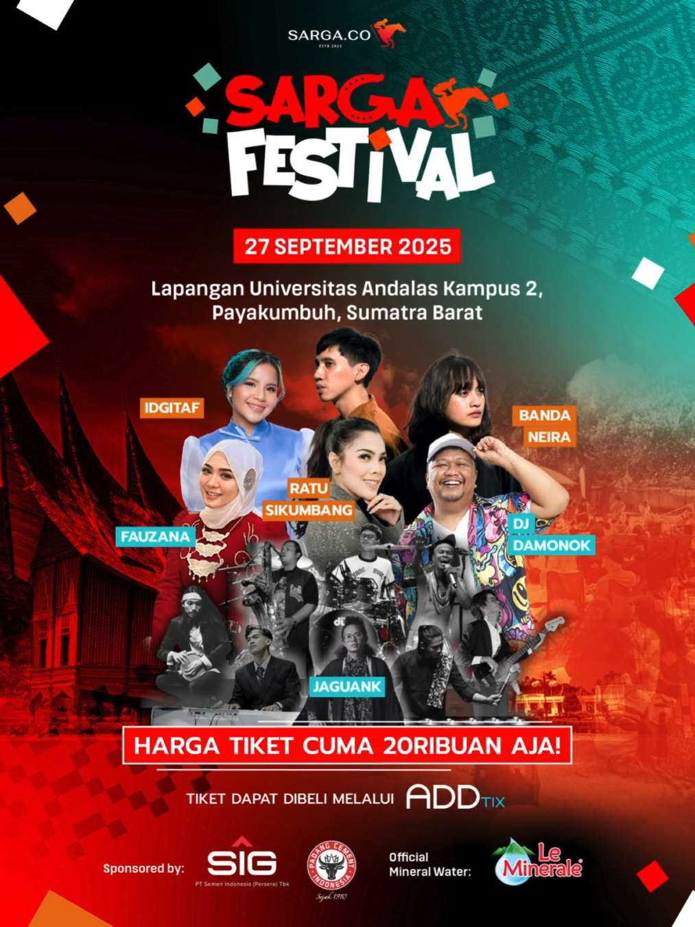 ONE WEEKEND, TWO UNFORGETTABLE EXPERIENCES IN PAYAKUMBUH!🎶🏇 Nikmati hentakan musik seru di panggung konser, lalu rasakan adrenalin pacuan kuda di lintasan. Semua ada dalam satu weekend tak terlupakan, lho. Catat tanggal dan lokasinya: SARGA Festival – 27 September 2025 📍 Lapangan Universitas Andalas Kampus 2, Payakumbuh, Sumatera Barat Indonesia’s Horse Racing Cup II – 28 September 2025 📍 Lapangan Pacuan Kubu Gadang, Payakumbuh, Sumatera Barat Tiket terbatas! Amankan sekarang di bit.ly/sargatiket 🔥